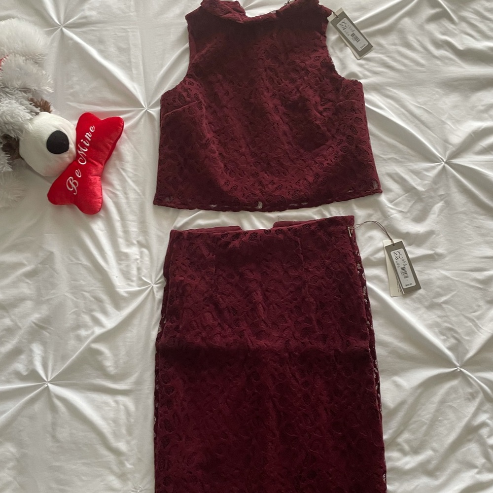 Maroon lace skirt set